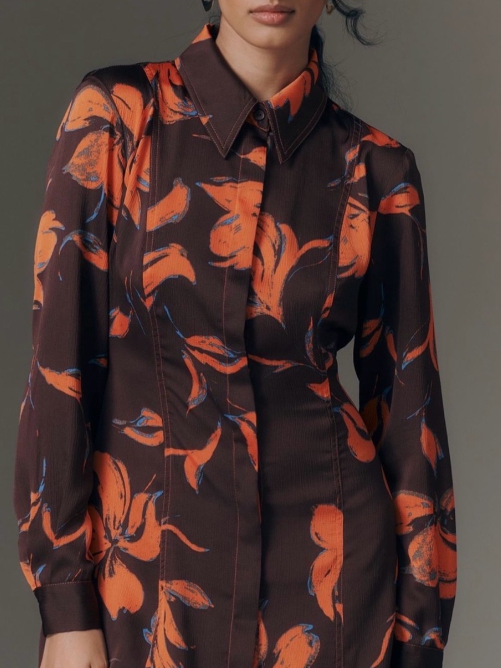 Exquise Long Sleeve Satin Shirt Dress Button Front New XXS Purple Orange Floral - Picture 13 of 13